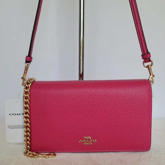 COACH Anna Pebbled Leather Foldover Clutch Crossbody With Chain- Bold Pink🎈$158 - Picture 2 of 16